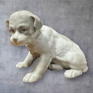 Gebruder Heubach Antique Porcelain White Gray Seated Dog
